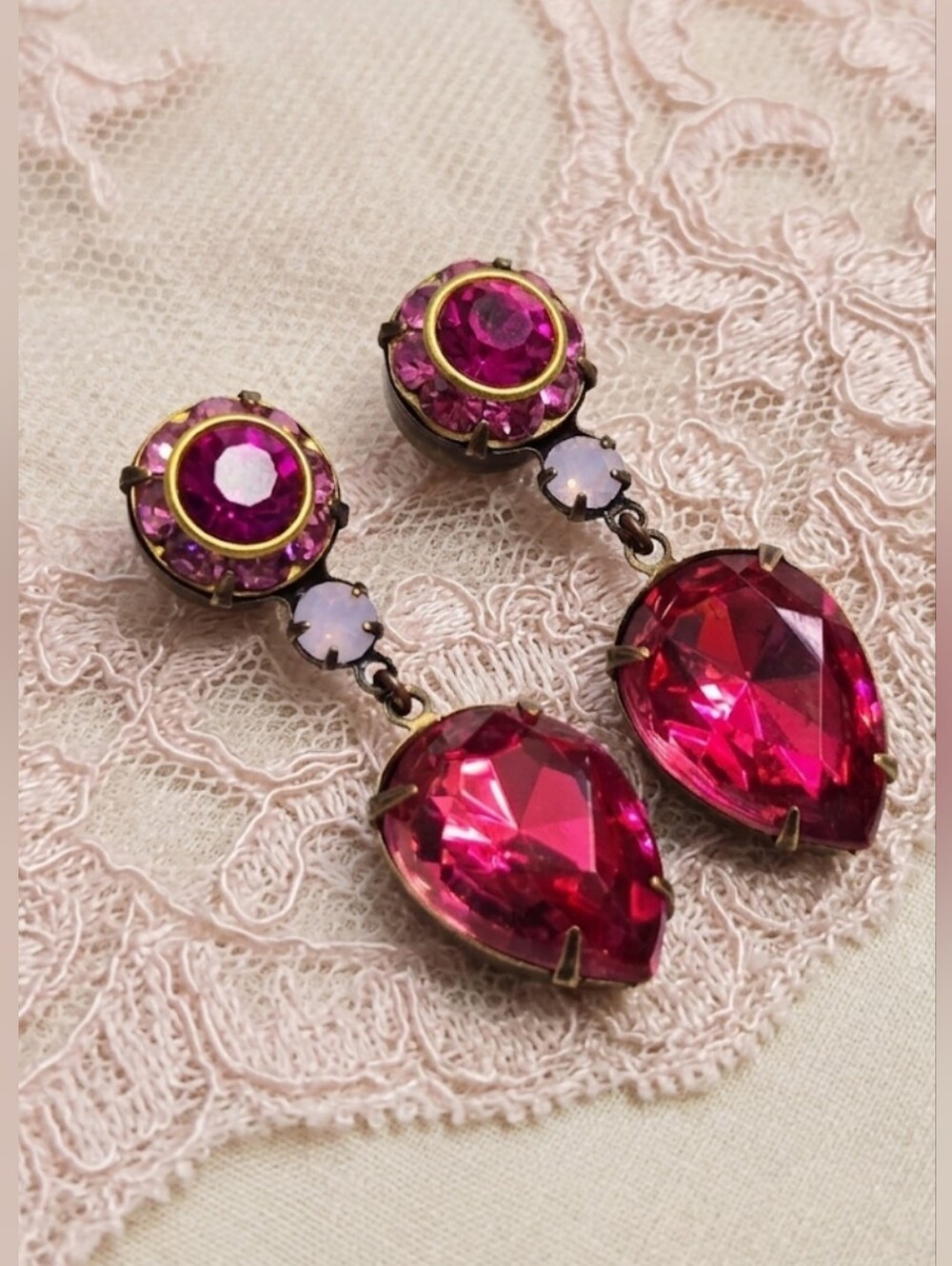 Fabulous Fuchsia Flair Large Swarovski Crystals In Antique Bronze Earrings